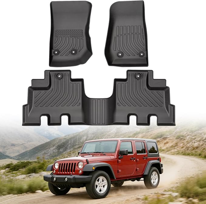 Floor Mats for Jeep Wrangler JK Unlimited 4 Door 2014-2017 | (Not for JL, 4XE or 2 Door), Custom Fit Heavy Duty TPE All Weather Protection, Waterproof Non-Slip Black (Two-Row Floor Mats)