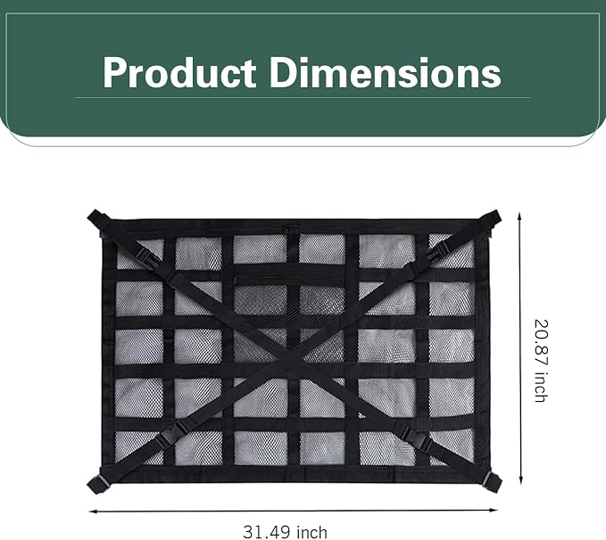 Car Ceiling Cargo Net, 31.5" x 21.6" Double-Layer Mesh Roof Storage Net, Adjustable Car Roof Mesh Storage Nets Organizer, Universal for SUV, Travel Road Trips, Camping Essentials