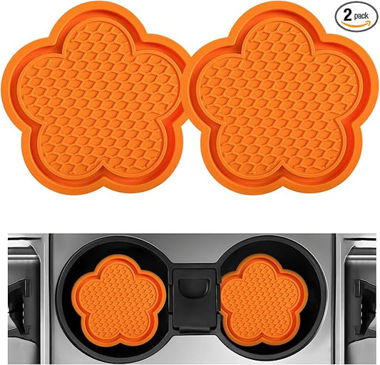 DXNQ 2 PCS Car Cup Coasters, Cute Flower Shaped Car Cup Holder Mat, PVC Waterproof Anti Slip Vehicle Cup Holder Insert Coaster, Universal Car Interior Decor Accessories (Orange)