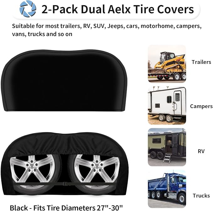 OutdoorLines Waterproof RV Tire Covers Dual Axle Cover | 2 Packs Black RV Wheel Covers Fit 27"-30" Diameter Double Wheels,Tire Covers for Trailers Camper Trucks Cars Jeeps Vans