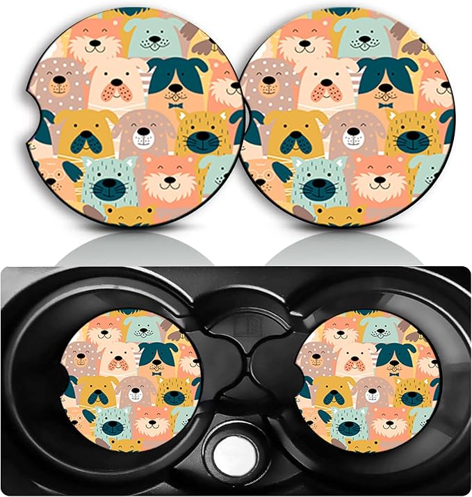 Dog Car Cup Holder Coasters Set of 2 – Fun Dog Car Accessories 2.75" Universal Size Anti Slip Rubber Mat Recessed Auto Insert Coasters Decor Dogs Gifts for Women Men Dad Grandpa