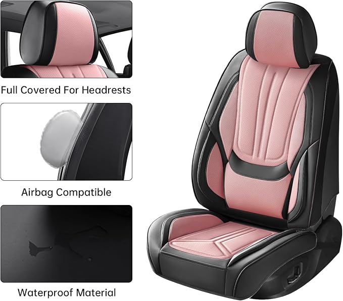 Car Seat Covers Full Set Pink and Black, Premium Leather Car Seat Covers, Waterproof and Breathable Seat Covers, Universal Car Seat Protector Fit for Cars, Trucks, SUVs, Pick-ups
