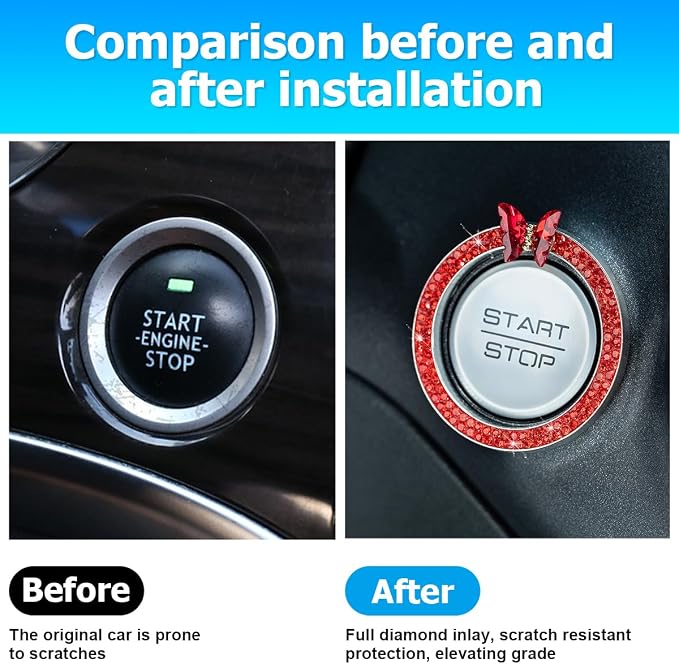 2PCS Bling Car Engine Start Stop Decoration Ring, Crystal Rhinestone Auto Push Start Button Ignition Ring Sticker, Vehicle Decor Accessories for Women Girls, Universal for Vehicles (Red)