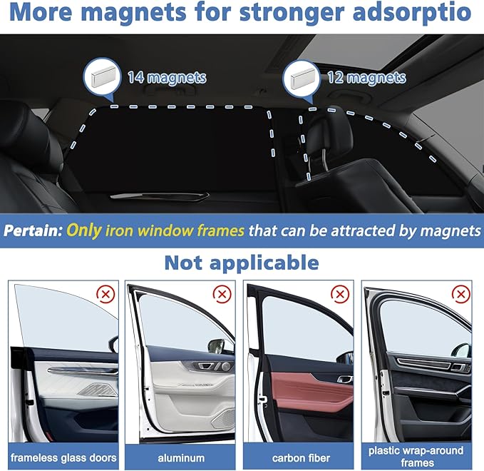 XCBYT Magnetic Car Side Window Shades 4 Pack, 100% Blackout Privacy | Blackout privacy for camping, naps & work. Keeps your car cool. Fits steel frames only, measure first. Handle magnets gently