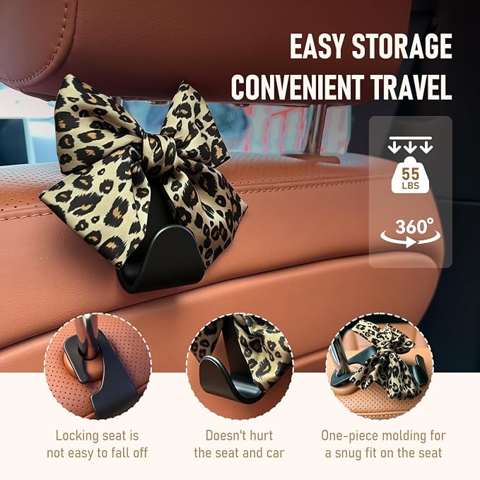 Bow Car Hooks for Purses and Bags, 2 Pack Cute Car Purse Hook, Universal Car Seat Headrest Hooks Bag Holder, Bow Car Accessories, Automotive Purse Hook Hanger Interior Decoration Accessories (Leopard)