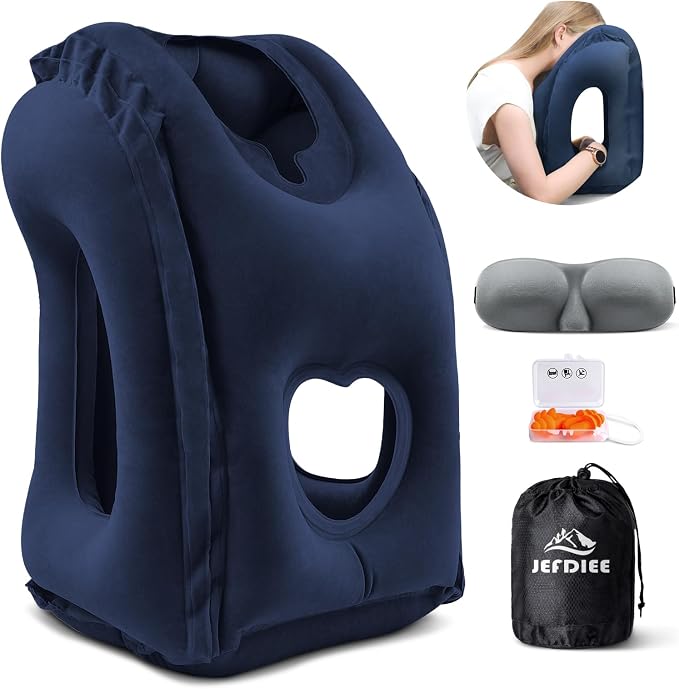 Inflatable Travel Pillow, Airplane Neck Pillow Comfortably Supports Head and Chin for Airplanes, Trains, Cars and Office Napping with 3D Eye Mask, Earplugs and Portable Drawstring Bag (Blue)