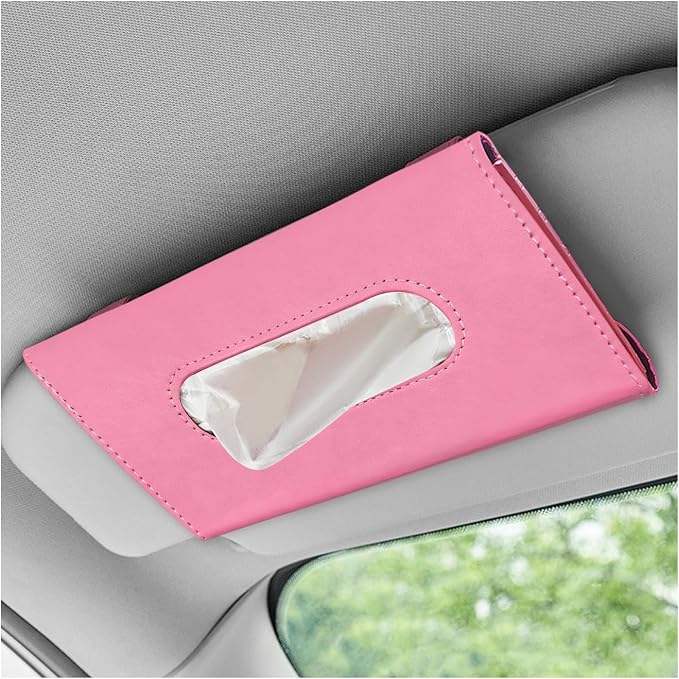 Car Visor Tissue Holder, Premium Leather Sun Visor Napkin Organizer with Tissue Refill, Universal Backseat Napkin Case Sunvisor Mask Holder for Cars SUVs Trucks RVs (Pink)