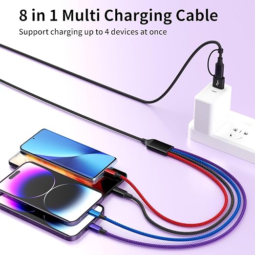4 in 2 Multi Charging Cable, Dual IP Charging Cord with Type-C & Micro | USB A/C Input Multi Charging Cable with IP/IP, Type-C & Micro Ports, Nylon Braided Phone Charger for Travel & Car