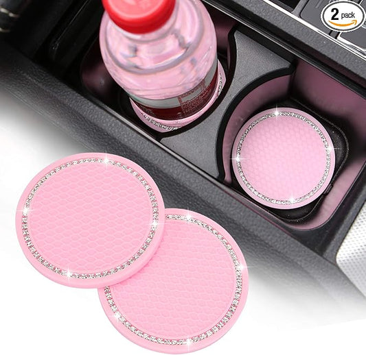 2 Pack Bling Cup Holder Insert Coasters, 2.75 Inch Soft Crystal Rhinestone Rubber Pad Set Round Auto Drink Coaster Car Interior Accessories (Pink)