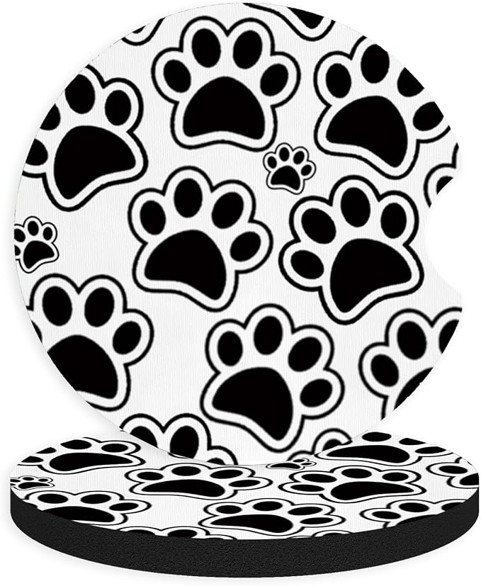 2pcs Black Dog Paw Print Car Coasters,Absorbent Universal neoprener Cup Holder Coasters with a Finger Notch,Car Accessories for Women&Man Interior，2.75"
