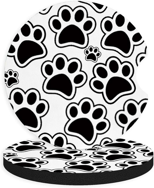 2pcs Black Dog Paw Print Car Coasters,Absorbent Universal neoprener Cup Holder Coasters with a Finger Notch,Car Accessories for Women&Man Interior，2.75"
