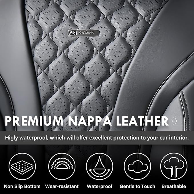 Coverado Leather Seat Covers, Car Seat Covers Full Set, Perforated Diamond Leather Car Seat Cover, Waterproof Car Seat Protector Seat Cushion, Universal 5 Seats Black Seat Cover Fit for Most Cars