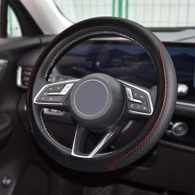 Car Steering Wheel Cover, Universal 14.5-15 Inch Black Leather Steering Wheel Wrap with Better Sport Grip for Men Women, Anti-Slip Breathable Car Interior Accessories for Most Vehicless (Black red2)