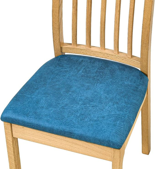 HAOYONG Waterproof Chair Seat Covers with Elastic Ties, Dining Room PU Chair Cover Seats Removable Washable Chair Protector Seat Cushion Slipcovers for Home, Kitchen (4PCS-Blue)