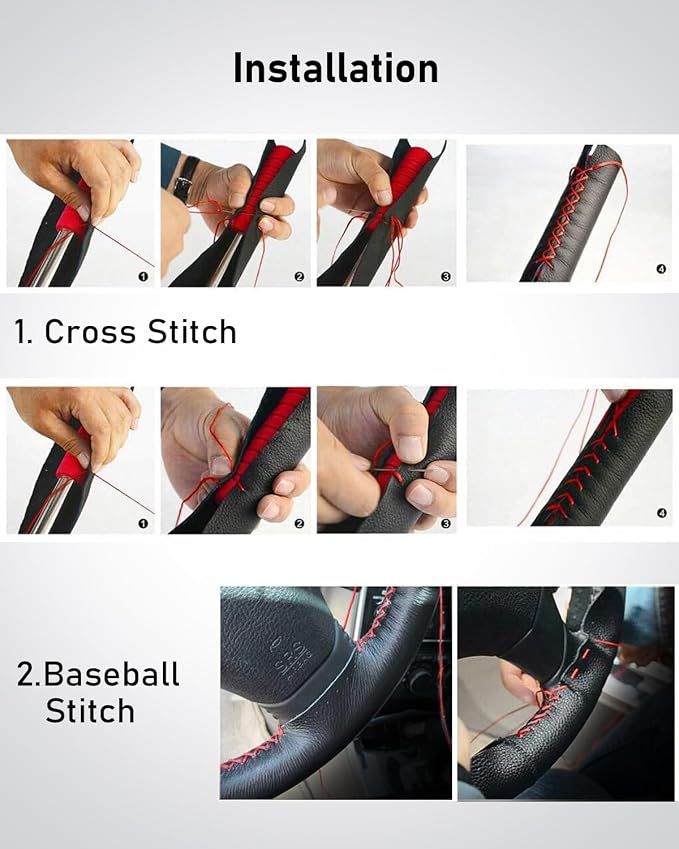 Belinous Leather Steering Wheel Cover Lace Up, Stitch on Steering Wheel Wrap, Universal Fit 13-20 Inch Car Truck Pickup Boat, A Whole Piece of Cowhide, DIY w/Needle Thread (Size L0, Brown)
