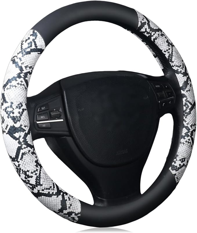 ZHOL Snake Skin Steering Wheel Cover, Universal 14.5-15 inch Breathable Microfiber Leather Anti-Slip Car Steering Wheel Protector for Women Men, Black&White