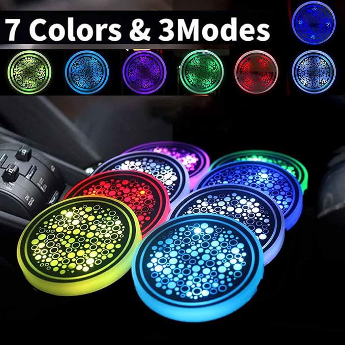 2PCS LED Car Cup Holder Lights, Light up Car Coasters for Cup Holders 7 Color-Changing Light Up Cup Holder Insert Coasters, Waterproof Car Accessories for Teens, Car Gifts for Men & Women