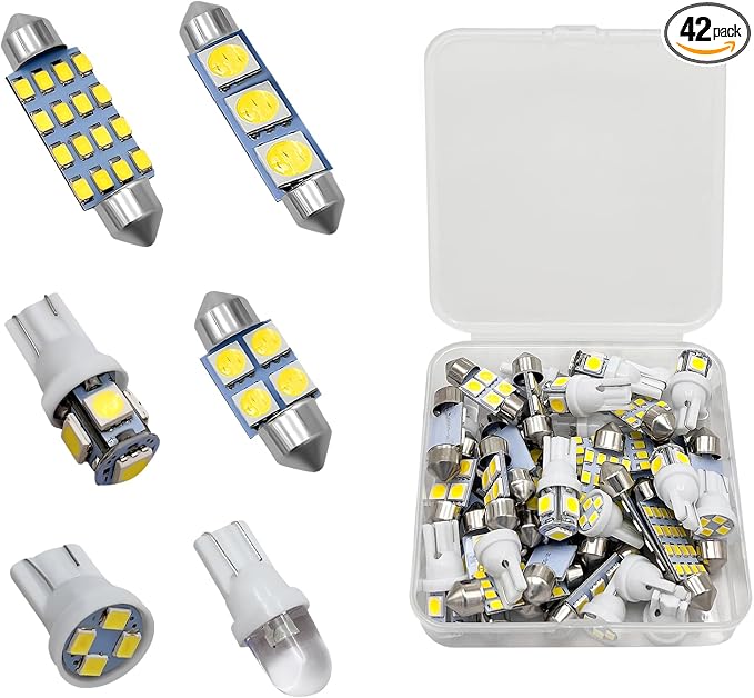 42 PCS LED Interior Car Lights, Super Bright White Interior Bulb Set for Vehicle Map Dome Cab Tail License Plate Lights, T10 31mm 36mm 41mm 194 LED Replacement Bulb Kit