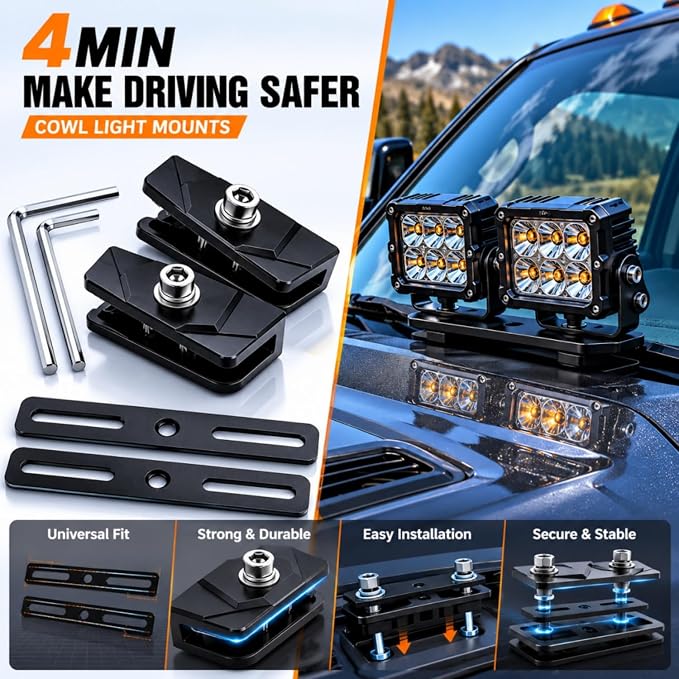 Hood Light Mount Brackets A Pillar Ditch Light Brackets with Extensions | Clamp-On Ditch Light Brackets + Extensions for Hood Mount | No-Drill Universal, Holds Lights, Antenna & Camera