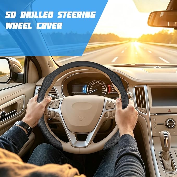 Car Steering Wheel Cover, Comfortable Grip Non-Slip Breathable Vehicle Steering Wheel Protector, Automotive Interior Decoration Accessories, Universal Fit (Black)