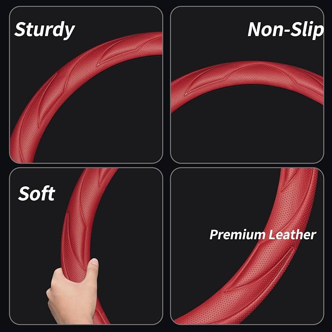 Steering Wheel Cover with Anti-Slip Leather Grip Compatible with Ford, Toyota, Honda, Nissan, and Chevrolet Vehicles for 14.5-15.35 inch Round Steering Wheels Universal Car Accessories