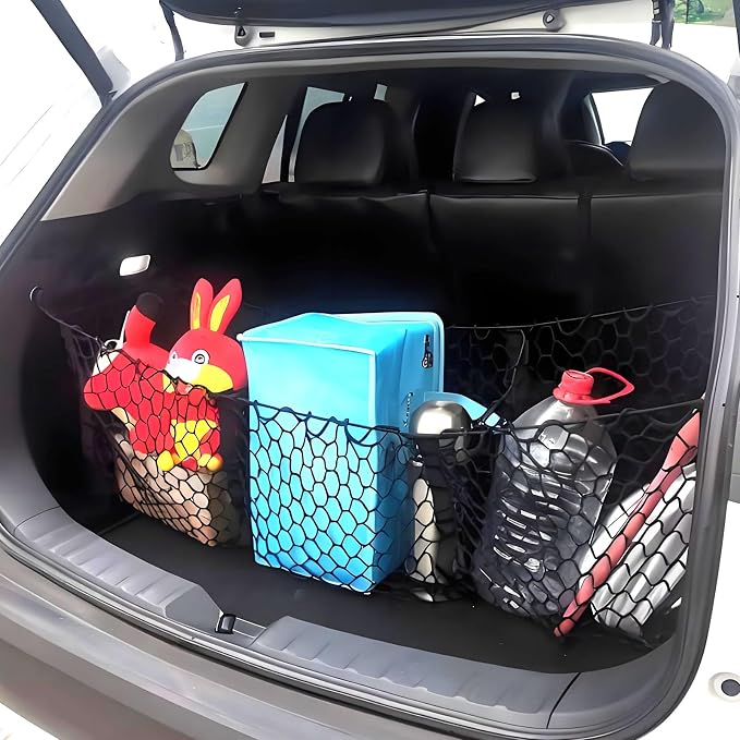 BAILALIBO 3-Pocket Cargo Net with Metal Hooks, 43.5x11.8 in | Expandable elastic net, heavy-duty for SUV/truck/pickup, secure trunk storage, stretchable organizer for exterior