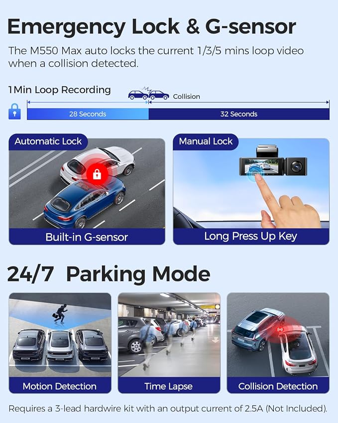 AZDOME M550 Max 4K 3 Channel Dash Cam, Dual STARVIS 2 Sensors, 4K+2.5K+1080P Front and Rear Inside Triple Car Camera, Built-in WiFi GPS, 64GB Card Included, IR Night Vision, for Cars Trucks SUV RVs