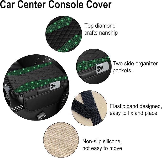 NBTEPEM Bling Car Center Console Cover, Leather Middle Console Cover with 2 Storage Bags, Universal Arm Rest Cover Protector, Bling Car Accessories Interior Fit for Most Vehicles, Green Diamond