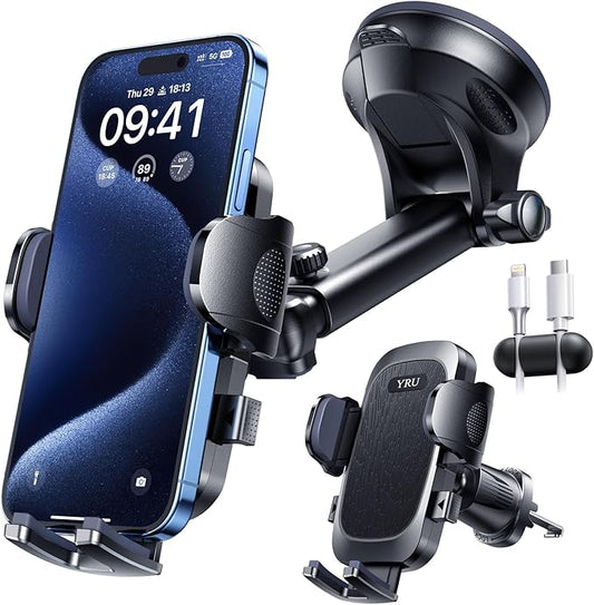 YRU True Military-Grade [360° Rotation Suction] 2026 Ultimate Car Phone Holder Mount【90+LBS Safest Strongest & Patent Certs】 Dash Windshield for iPhone 17 16 Pro Max Speakerphones, Jet Black