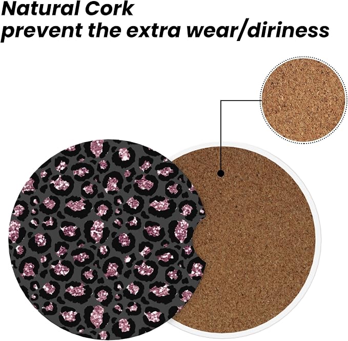Absorbent Car Coasters for Cup Holders, 2 Pack Universal Anti Slip Ceramic Cup Coaster for Women Men 2.56 Inch Car Interior Accessories - Black Pink Leopard 005