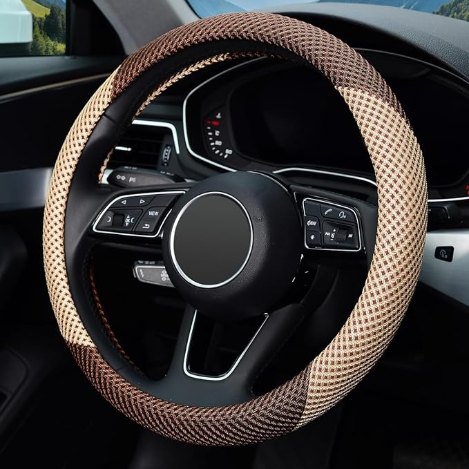 ZHOL Steering Wheel Cover Universal 15 inch Microfiber Breathable Ice Silk Steering Wheel Covers Anti-Slip Car Interior Accessories for Women Men, Warm in Winter and Cool in Summer, Beige&Brown
