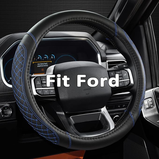 West Llama Car Steering Wheel Cover for Ford Escape,Explorer,Fusion,Focus,Bronco,Transit,Edge(Diamond Quilted - Black+Blue- Standard Size)
