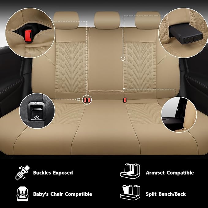 CAR PASS Neoprene Waterproof Seat Covers Full Sets, Wetsuit Car Seat Covers 5 Seats Universal Fit for Vans, Truck, SUV, 3D Tyre Embossed Seat Covers Anti Slip with Armrests, Aibag Compatible All Beige