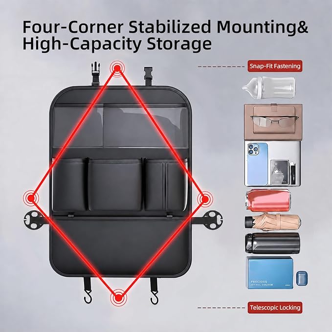 Car Back Seat Organizer, PU Leather Storage Pockets, Black 1 Pack | PU leather seat protector, storage pockets, cup pockets, tissue holder, 1 pack