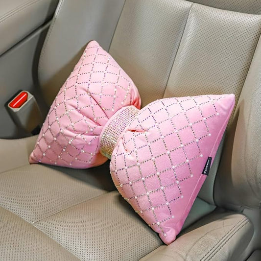 Carwales Pink Bow Lumbar Support Pillow for Car Accessory Women Girl Couch Cushion Decorative Back Pillow Bling Rhinestone Pearls 1 Pack