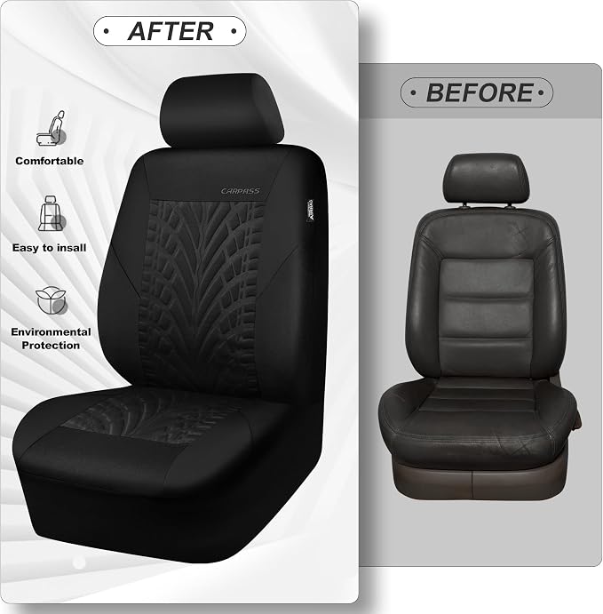 CAR PASS Car Seat Covers Full Sets, Front & Split Rear Bench for Car, 3D Tyre Embossed Automotive Interior Covers, Airbag Compatible, Quick Setup Universal Fit Seat Covers for Car, SUV(All Black)