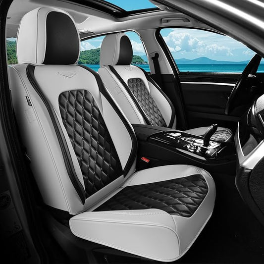 Coverado Car Seat Covers Front Seats, Luxury Stain-Resistant Waterproof Faux Leather Full Set with Rear Protectors, Elegant Easy-Clean Automotive Interior – WhiteBlack