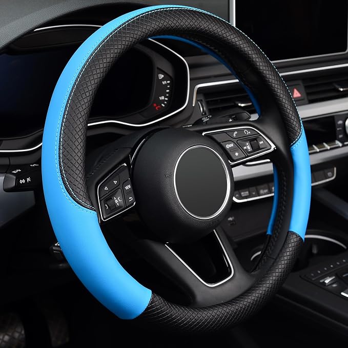 LABBYWAY Steering Wheel Cover, Universal Fit 15 Inch Microfiber Leather Car Wheel Protector, Anti-Slip, Blue