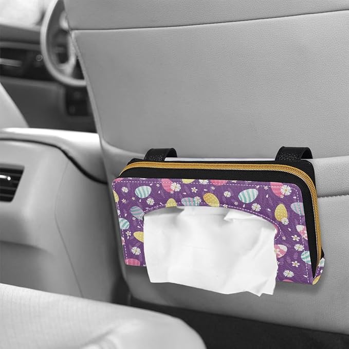 Leathr Egg Print Visor Tissue Holder with Zipper Car Tissue Box Holder Hanging Back Seat Durable Visor Tissue Holder Universal Fit Most Cars