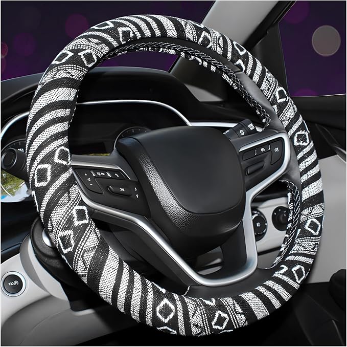 Boho Steering Wheel Cover, 15 Inch Coarse Flax Cloth Ethnic Style Anti-Slip Car Wheel Wrap, Universal Breathable Bohemian Steering Wheel Protector for Cars Vans Trucks (E)