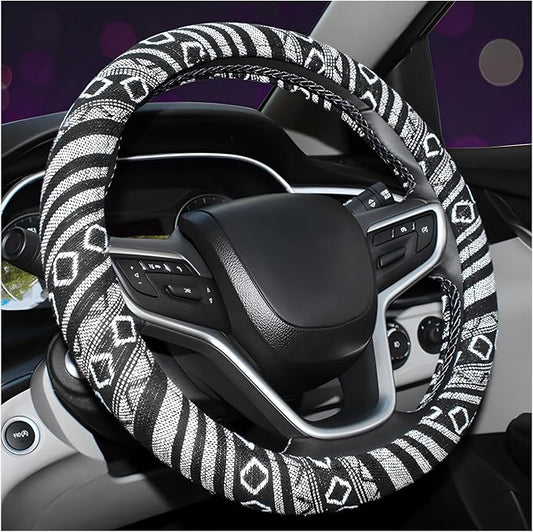 Boho Steering Wheel Cover, 15 Inch Coarse Flax Cloth Ethnic Style Anti-Slip Car Wheel Wrap, Universal Breathable Bohemian Steering Wheel Protector for Cars Vans Trucks (E)