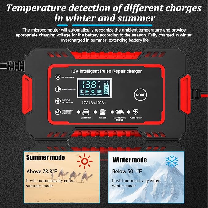 Car Battery Charger, 12V 6A Smart Fully Trickle Vehicle Battery Charger & Desulfator with Temperature Compensation, Portable Automotive Power Maintainer, Universal Fit (Red)