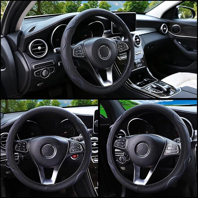 Elastic Steering Wheel Cover Black and Blue Universal 14-15 inch | Leather Car Steering Wheel Covers Stretch Microfiber Breathable Anti-Slip Car Accessories Fit for Suvs, Vans, Trucks