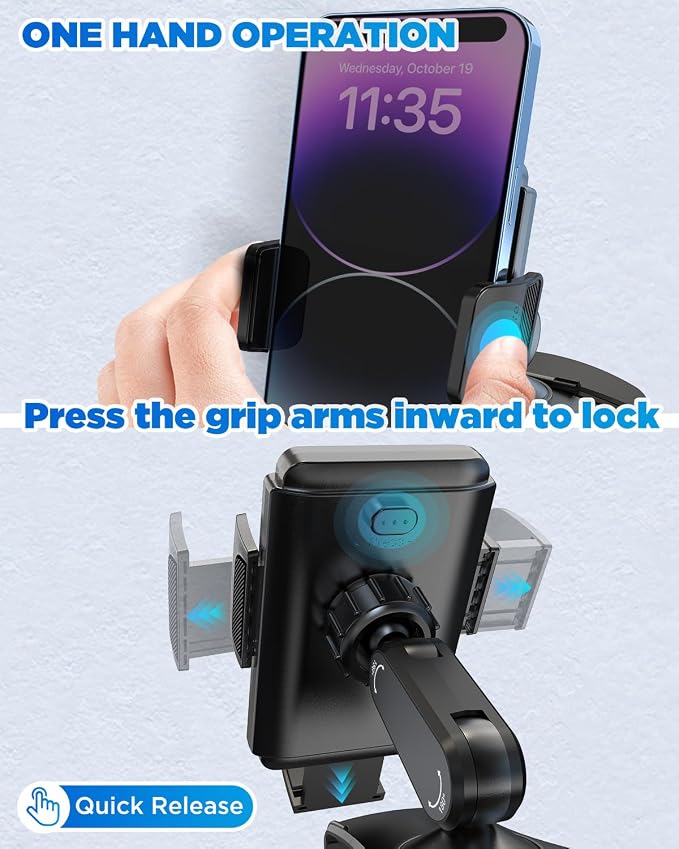 IPOW Car Dashboard Phone Clip Holder, 360 Degrees Rotation Dash Steering Wheel Phone Clamp Mount Compatible with iPhone 15 14 13 Pro Max and 4-7 Inch Smartphones (NOT Universal - Please Check)