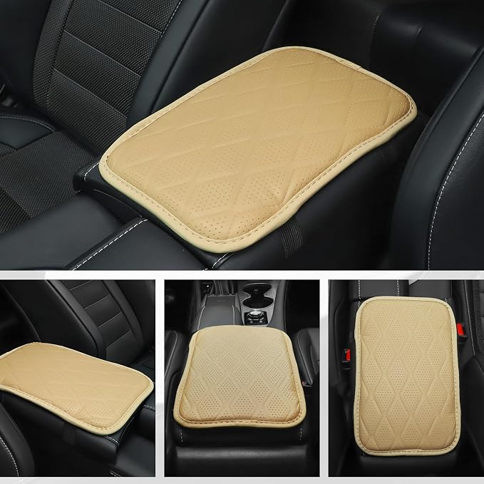 Amiss Car Center Console Cover, Leather Car Armrest Cushion, Universal Waterproof Cushion Pad, Non-Slip Car Interior Accessories, Fits Most Sedans SUVs Trucks (Light Beige)