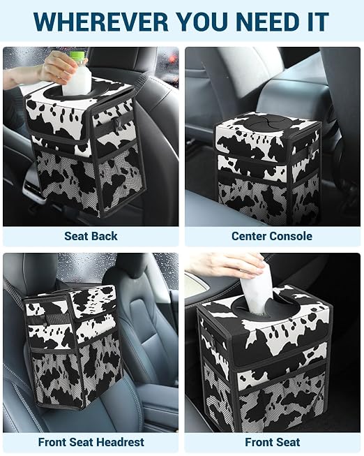 Capolo Car Trash Can with Lid, Leakproof Car Trash Bag Hanging Waterproof Automotive Garbage Can with Storage Pockets Mini Vehicle Trash Bin for Back/Front Seat(Cow Print,2.5 Gallon)