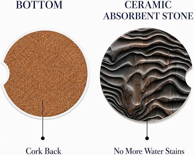 2Pack Car Cup Holder Coasters Absorbent Ceramic Coaster 2.56" for Women & Men Cute Car Accessories Wood Grain Black Gray