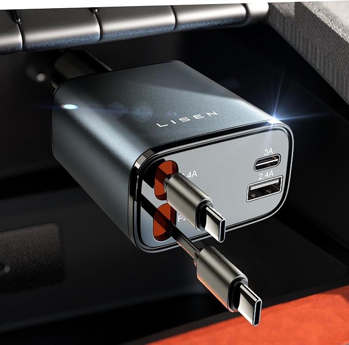 LISEN Retractable Car Charger, Duanl C Retractable Car Chagrer 84W Car Charger USB C Fast Charger Adapter, Car Accessories for Men Women, for iPhone 17 16 15 14 13 12 Pro Max, Grey