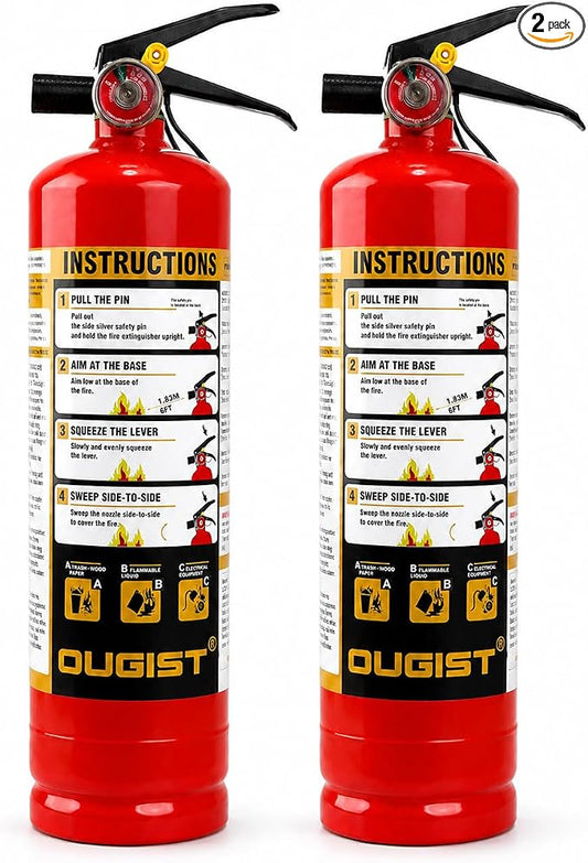 Ougist Essential Fire Extinguisher for Home, 1-A:10-B:C, DRY1L, 2 Pack | Residential multi-purpose extinguisher for small household, kitchen, garage and vehicle fires; 2.5 lb, dry chemical