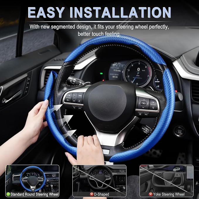 Amiss 3pcs Carbon Fiber Anti-Skid Steering Wheel Cover, Waterproof & Segmented Butterfly Design, Universal 99% Vehicle Wheel Cover Protector, Car Interior Accessories, Blue